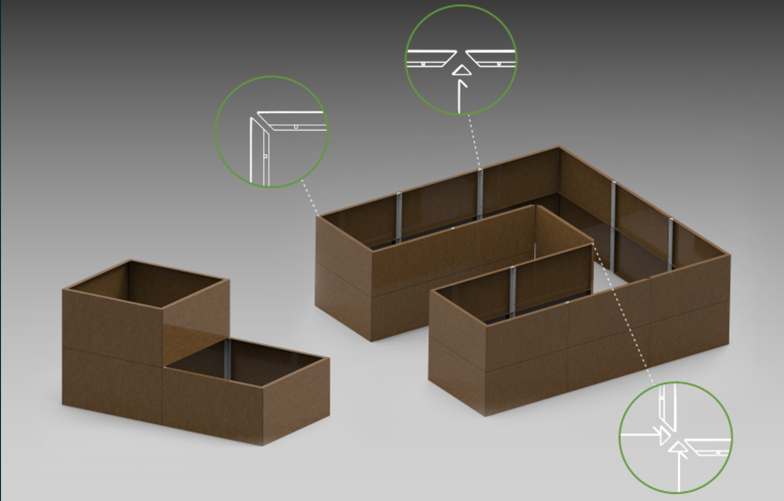 3D render of two modular raised garden beds in brown, with zoomed-in diagram circles showing detail of their corner and connector joints.