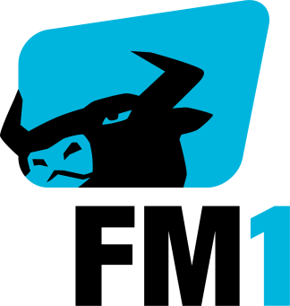 Stilisierter schwarzer Stierkopf in einem blauen abgerundeten Rechteck über fetten schwarzen Buchstaben FM und einer blauen Zahl 1.