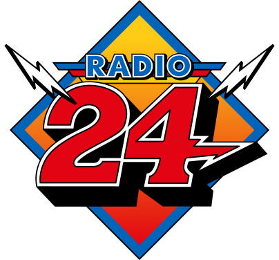 Logo mit fetter roter 24 und RADIO in Gelb oben, umgeben von einer blauen und orangefarbenen Raute und zwei weißen Blitzen auf jeder Seite.