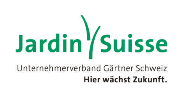 Logo von JardinSuisse mit grünem Text und einem stilisierten Y, das an einen Pflanzenspross erinnert. Unten: Unternehmerverband Gärtner Schweiz. Hier wächst Zukunft. auf weißem Hintergrund.