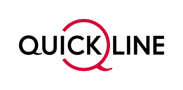 Das Bild zeigt das Wort QUICKLINE in fetten Buchstaben, mit einem großen roten Buchstaben Q, der den ersten Teil des Wortes umgibt. Der Hintergrund ist hellgrau.