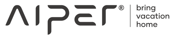 AIPER-Logo mit dem Slogan Bring Holiday Home in Kleinbuchstaben rechts neben dem Logo.