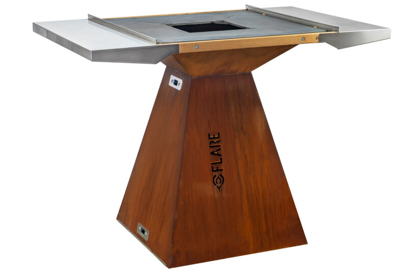 A modern barbecue for outdoor use with a rust-colored, tapered metal base, the FLARE lettering cut into the side and a square barbecue surface with stainless steel attachments on both sides.