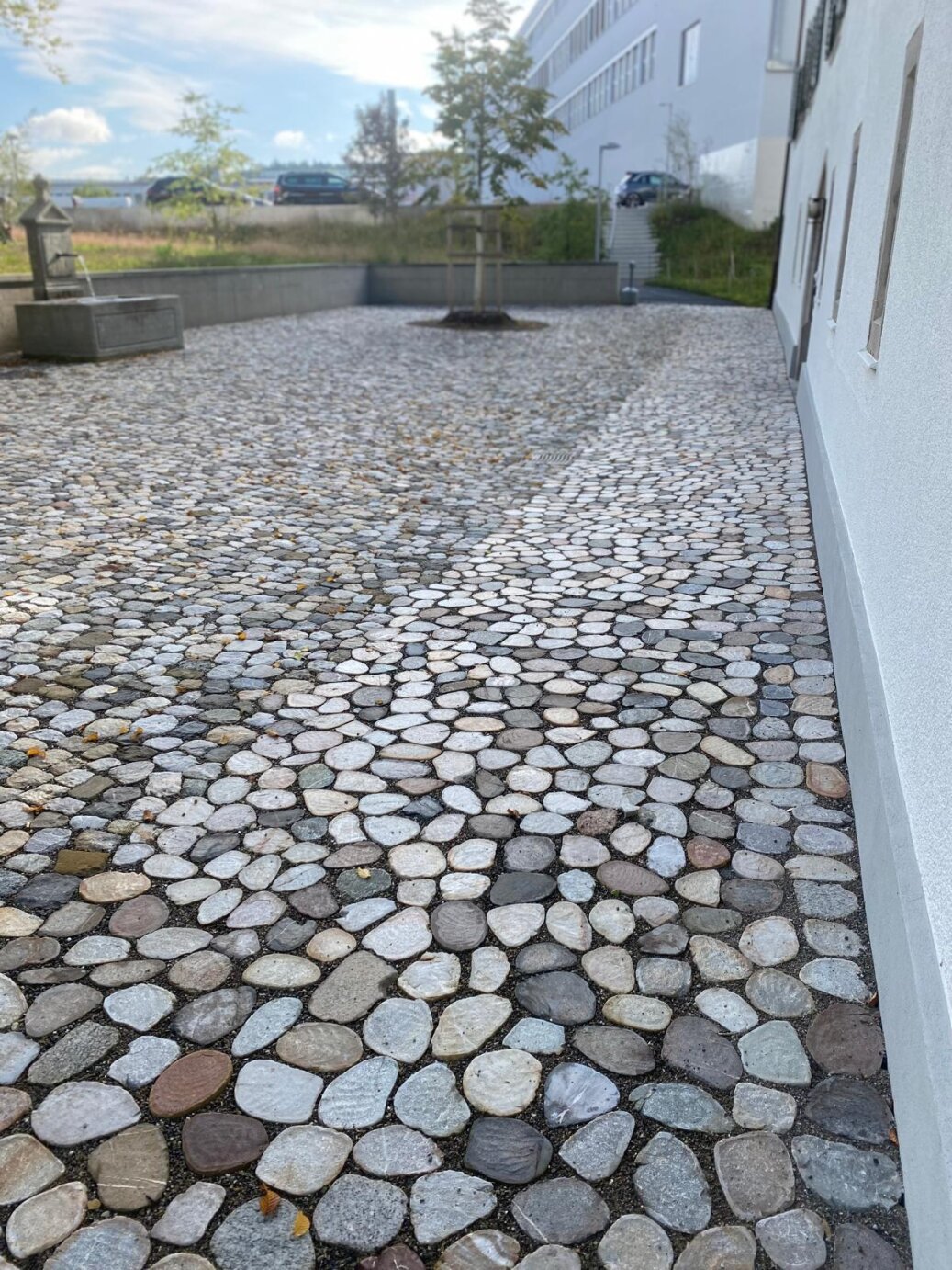 Tische und Stühle mit grünen Tischplatten stehen mit Gläsern und Besteck entlang eines gepflasterten Weges neben einer mit Weinreben bewachsenen Mauer. Die Szene wirkt ruhig und einladend, und das Grün verleiht ihr einen gemütlichen Touch.