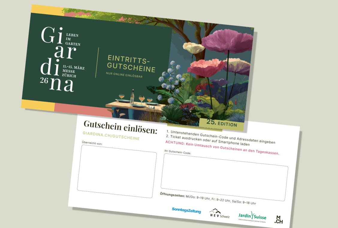 Zwei illustrierte Eintrittskarten für die Giardina-Gartenveranstaltung in Zürich. Die obere Karte zeigt einen Blumenschmuck und einen Terrassentisch mit Stühlen. Der Text enthält Informationen zur Veranstaltung und Anweisungen zum Einlösen des Gutscheins.