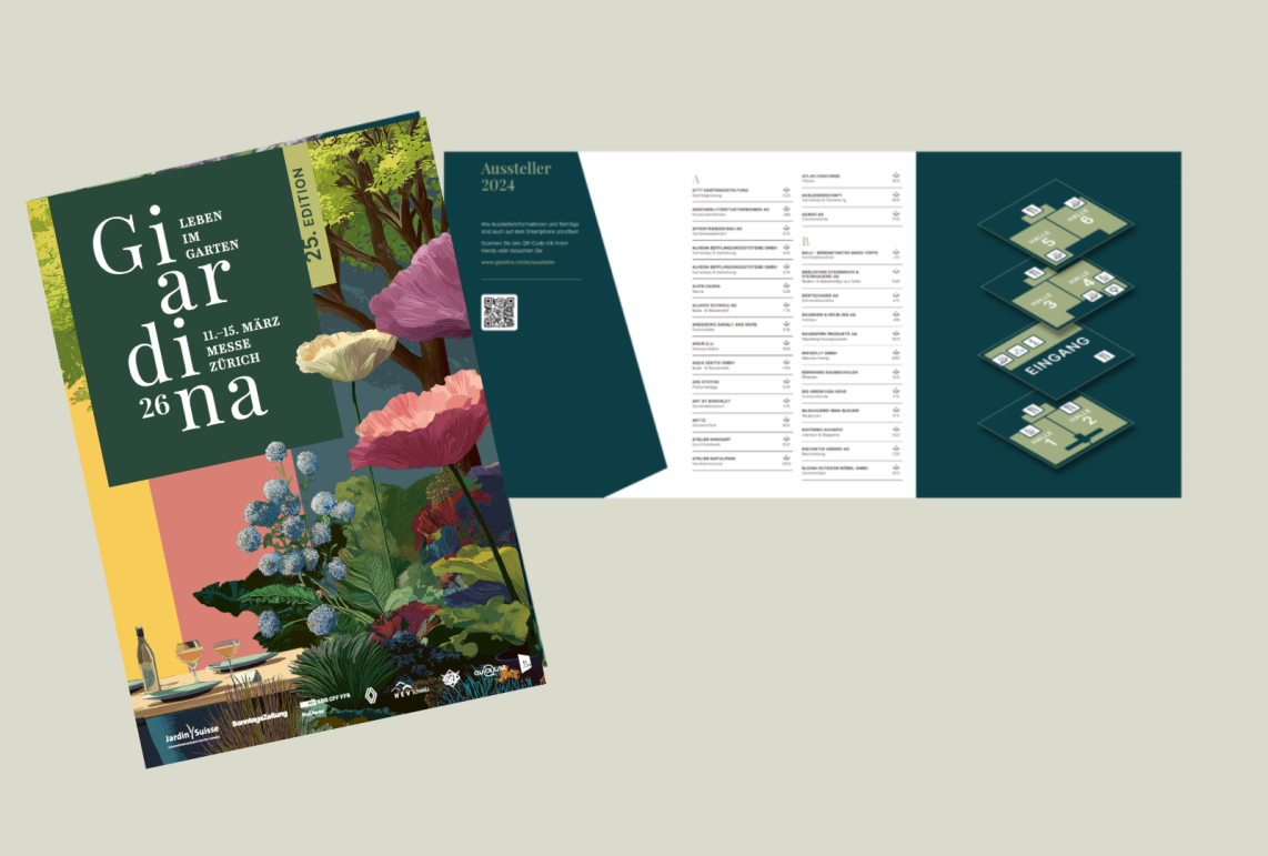 Ein farbenfroher Broschürenumschlag mit Blumen und Pflanzen für die "Giardina '26" auf der linken Seite und einer aufgeschlagenen Seite auf der rechten Seite mit einer Liste der Aussteller und einem Lageplan für eine Veranstaltung. Der Hintergrund ist hellbeige.
