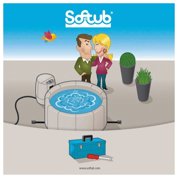 Cartoon of a smiling man and woman standing by an inflatable hot tub with a cactus and grass in pots nearby. A toolbox and a wrench are on the floor. The Softub logo and a bird can be seen at the top.