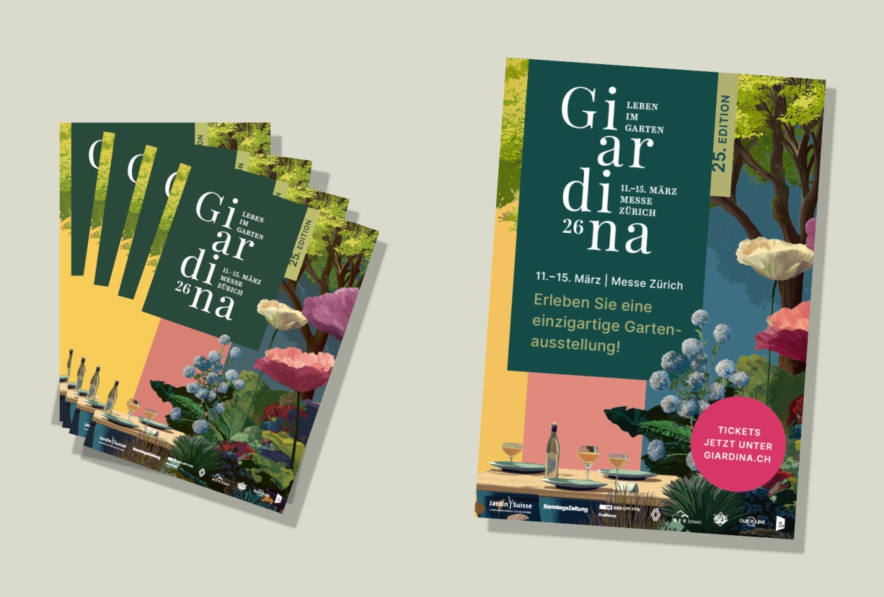 Eine Gruppe von Postern mit Blumen und Getränken.