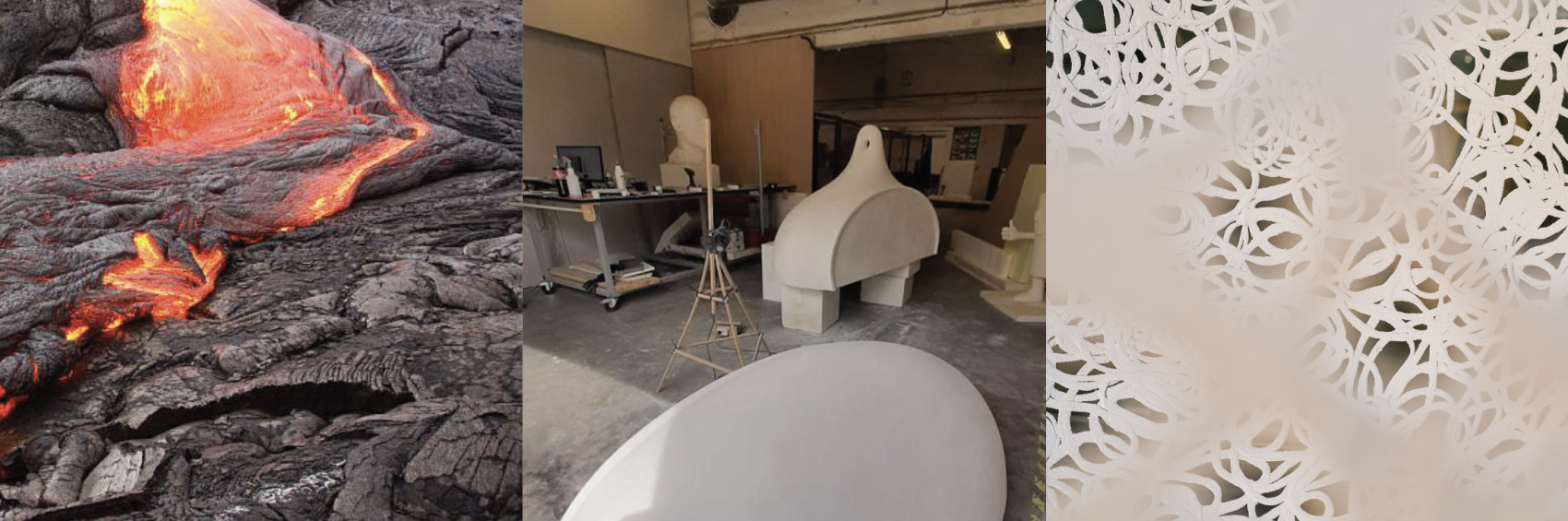 Ein Triptychon zeigt geschmolzene Lava, die über dunkle Felsen fließt, ein Kunstatelier mit großen abstrakten weißen Skulpturen und eine Nahaufnahme verschlungener weißer Scherenschnittmuster.