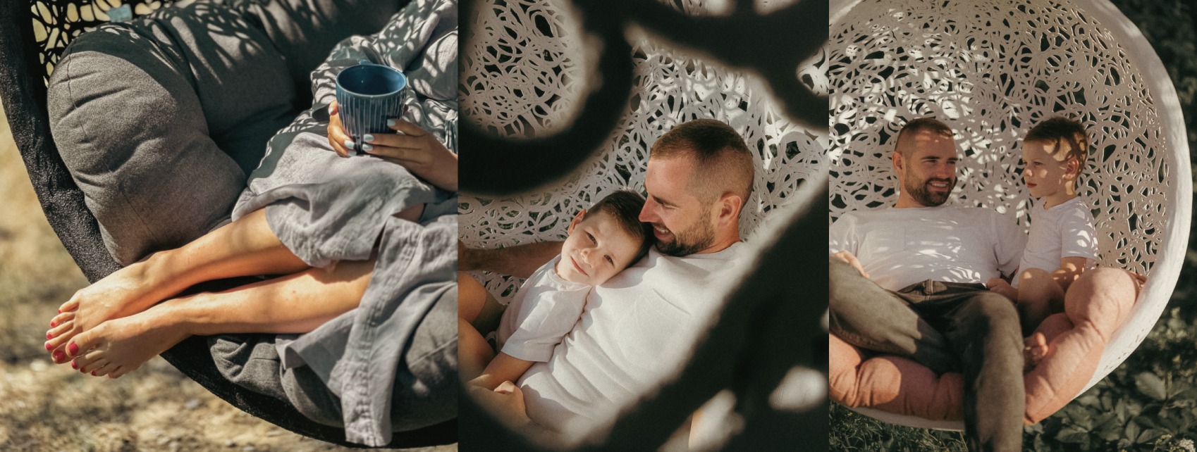 Eine Collage zeigt: eine Person, die sich mit einer Tasse entspannt, Nahaufnahme ihrer Füße; einen Mann, der ein lächelndes Kind in einem Hängesessel kuschelt; und den Mann und das Kind, die zusammen in einem weißen geflochtenen Hängesessel sitzen und beide lächeln.