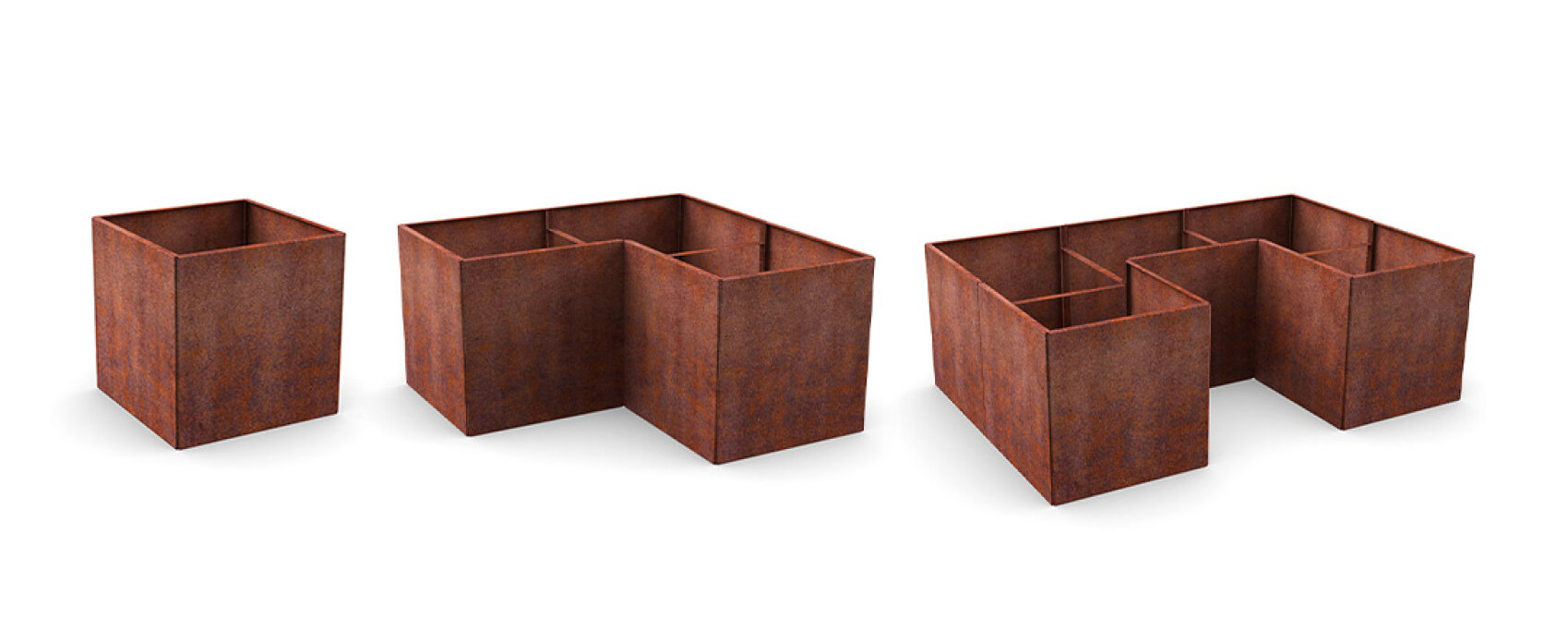 Three rust-colored, geometric metal planters are arranged in a row on a white background, with each planter increasing in size and complexity from left to right.