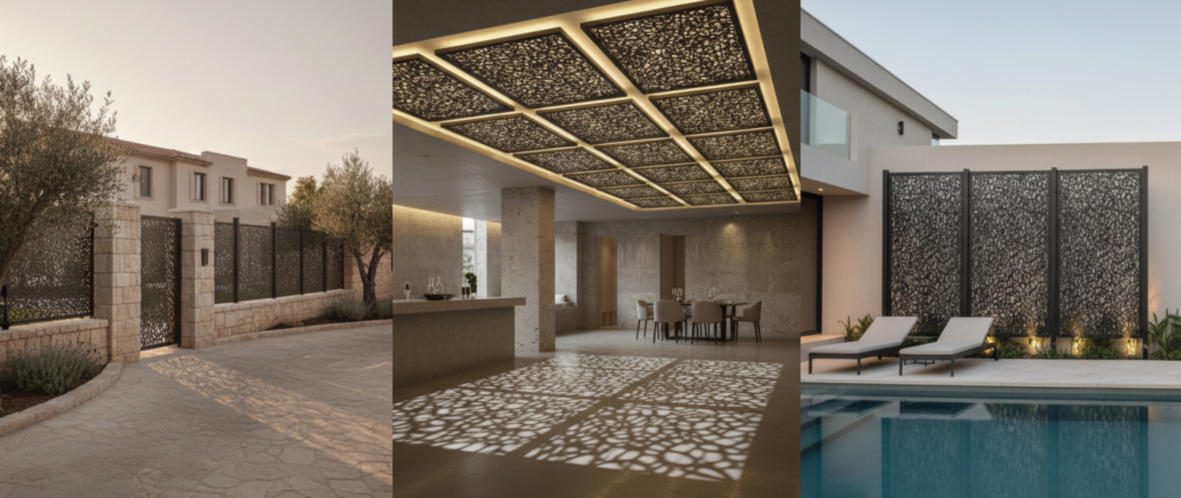 Eine Collage aus drei Bildern: ein steingemauertes Tor, ein Innenraum mit gemusterten Deckenpaneelen, die Schatten werfen, und ein moderner Swimmingpool mit dekorativen schwarzen Sichtschutzwänden.