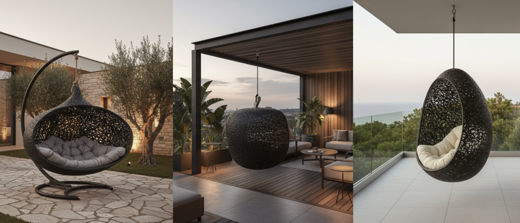 Drei stilvolle Hänge-Eiersessel für den Außenbereich, jeweils mit geflochtenem schwarzem Rahmen und Plüschkissen, werden in modernen Terrassen- und Balkonsituationen mit natürlichen und landschaftlichen Hintergründen präsentiert.
