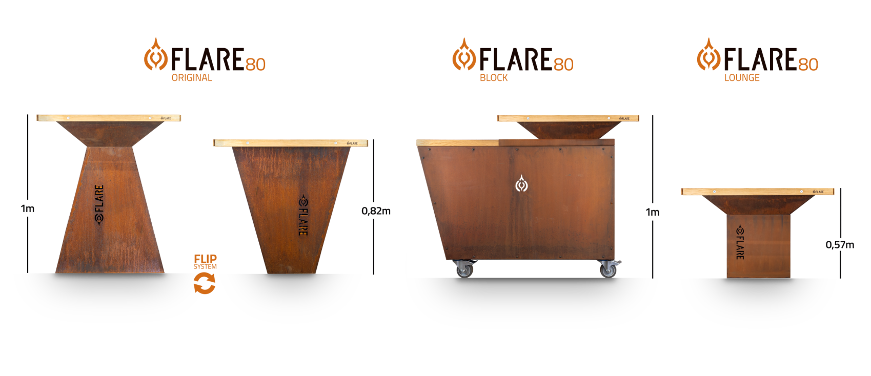 Side-by-side comparison of three outdoor cooking station models: Flare 80 Original (1 m high), Flare 80 Block (0.82 m high, with wheels) and Flare 80 Lounge (0.57 m high), all with rusty metal surfaces.