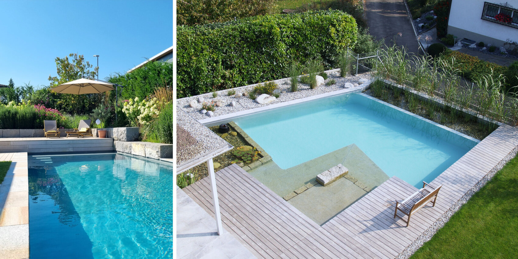 Split image: Left side shows a clear blue swimming pool with lounge chairs and an umbrella; right side shows a modern pool with a wooden deck, greenery, lounge chairs, and a shallow stone area.