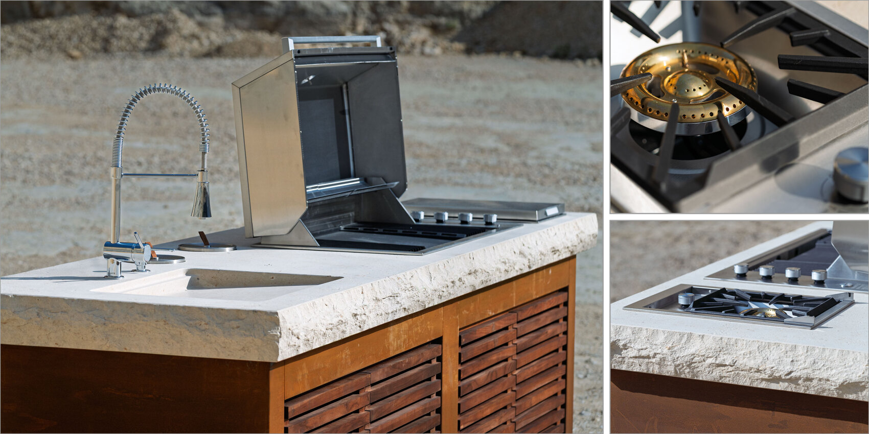 Outdoor kitchen island with a built-in sink, modern faucet, gas stove, grill, and a textured stone countertop, shown from different angles in a sunny, open area.
