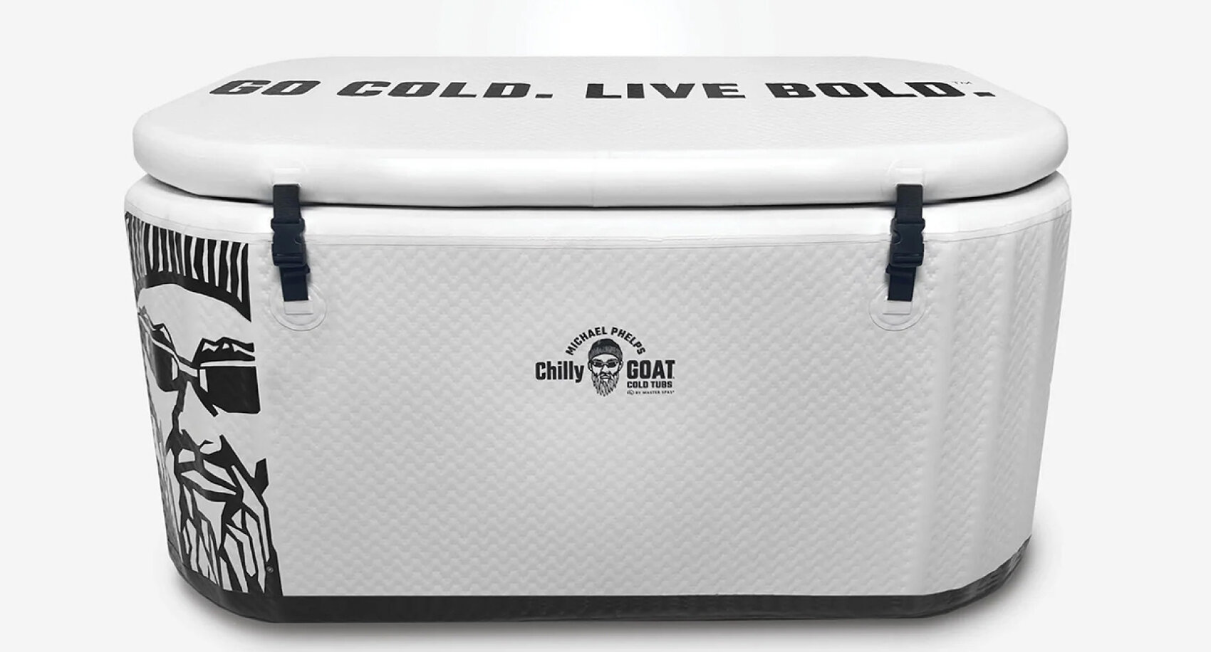 A white, oval-shaped portable cold tub with black latches and graphics, including a bearded face with sunglasses and bold text on the lid reading GO COLD. LIVE BOLD. The Chilly Goat logo is visible on the front.