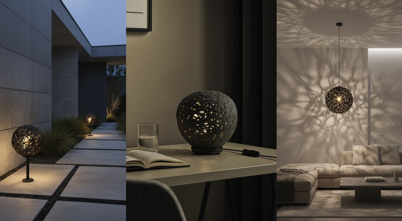 Ein Triptychon zeigt: moderne Wegeleuchten für den Außenbereich, eine dekorative kugelförmige Lampe auf einem Schreibtisch und eine ähnliche Pendelleuchte, die in einem zeitgenössischen Wohnzimmer komplizierte Schatten wirft.