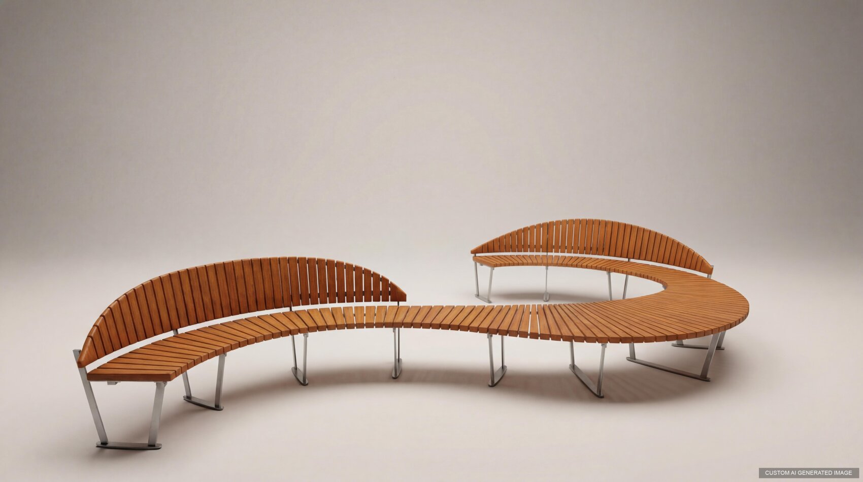 Curved wooden bench with metal legs, forming an open circular shape. The bench has slatted wood seating and backrests on parts of the curve, set against a plain, light background.