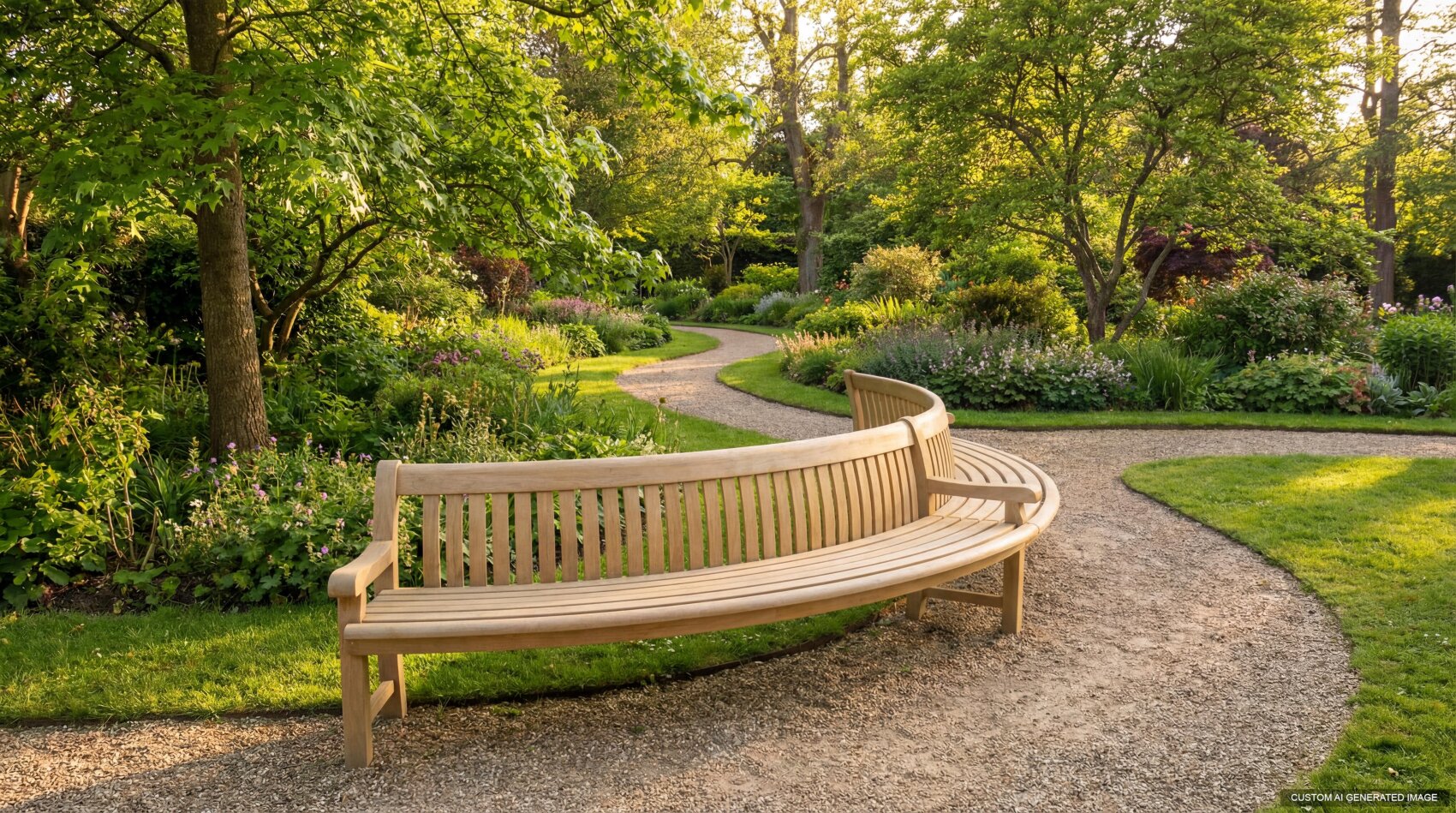 A curved wooden bench sits beside a winding gravel path in a lush garden filled with green trees, colorful flowers, and bright sunlight filtering through the leaves.