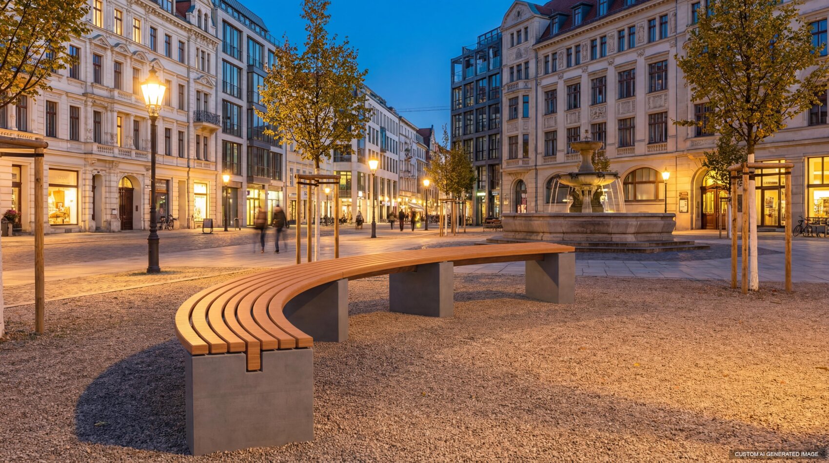 A curved wooden bench sits in a city square at dusk, surrounded by trees, historic buildings with lit windows, and a stone fountain in the background. The scene is softly illuminated by streetlights.