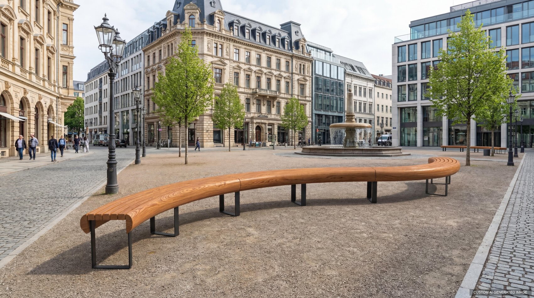 A modern, curved wooden bench sits in an urban plaza with young trees, surrounded by historic and modern buildings. A large fountain is visible in the background under a partly cloudy sky.