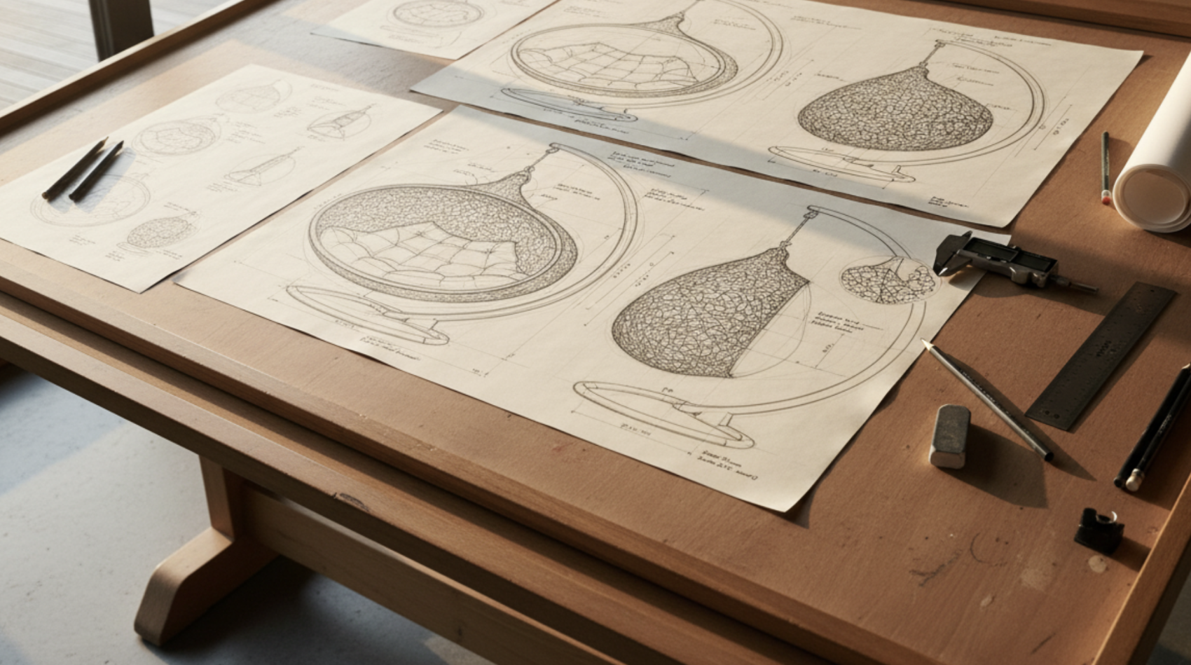 Auf einem hölzernen Zeichentisch liegen detaillierte technische Zeichnungen eines modernen Hängesessels sowie Zeichenwerkzeuge wie Bleistifte, ein Lineal, ein Messschieber und ein Radiergummi. Am Rande des Tisches ist aufgerolltes Papier zu sehen.
