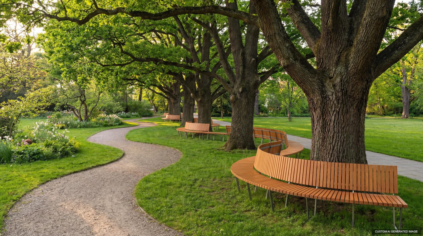 A winding gravel path runs through a lush green park with large trees. Wooden benches curve around the tree trunks, providing shaded seating along the path. The scene is peaceful and sunlit.