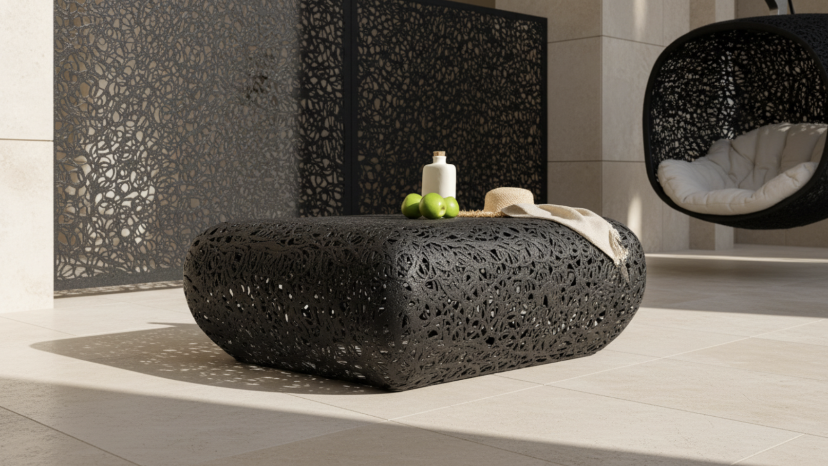 Ein schwarzer, kunstvoll gemusterter Tisch steht auf einer gefliesten Terrasse. Darauf liegen eine Flasche, drei grüne Äpfel, ein beiger Hut und ein helles Tuch. Im Hintergrund befinden sich passende Dekorationsplatten und ein Hängesessel.