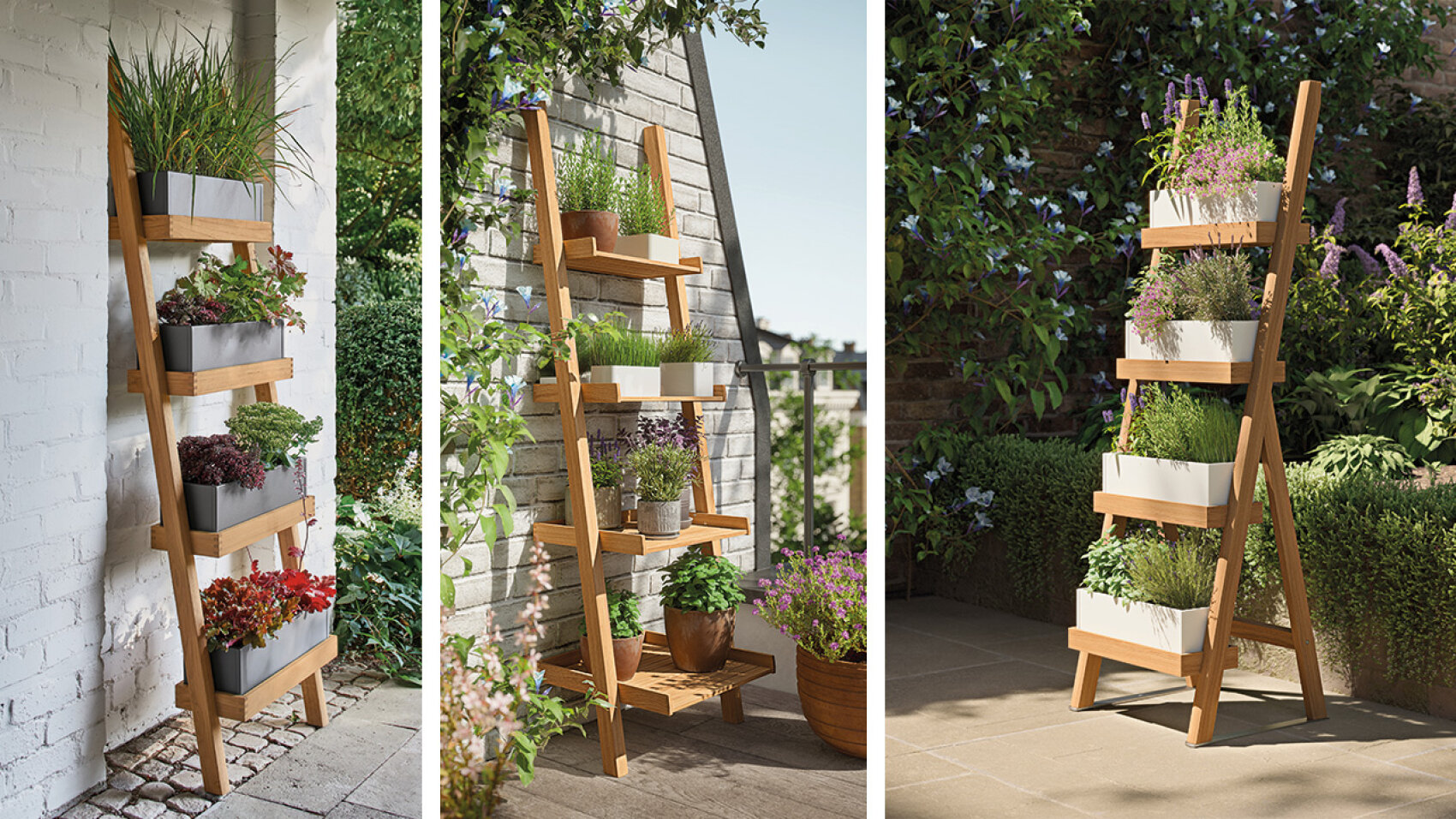 A wooden ladder-style plant stand with four shelves holds various potted plants and herbs, displayed against white brick and outdoor garden backgrounds in natural light.