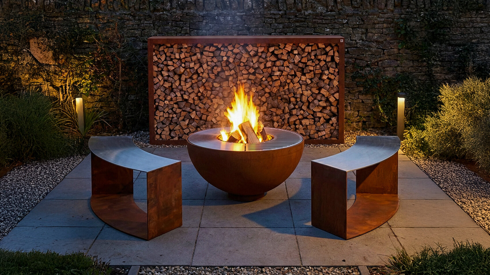 A modern outdoor fireplace with a bright flame is surrounded by two curved metal benches. Behind it, chopped firewood is stacked neatly against a stone wall, and garden lamps softly illuminate the area.
