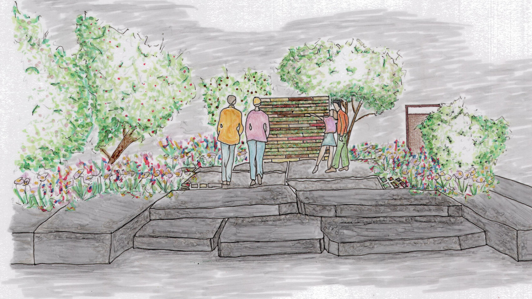 Eine handgezeichnete Illustration von vier Personen, die auf großen Steinstufen stehen und eine vertikale Holzstruktur betrachten. Blühende Pflanzen und Bäume umgeben den Bereich und schaffen eine üppige Gartenszene.