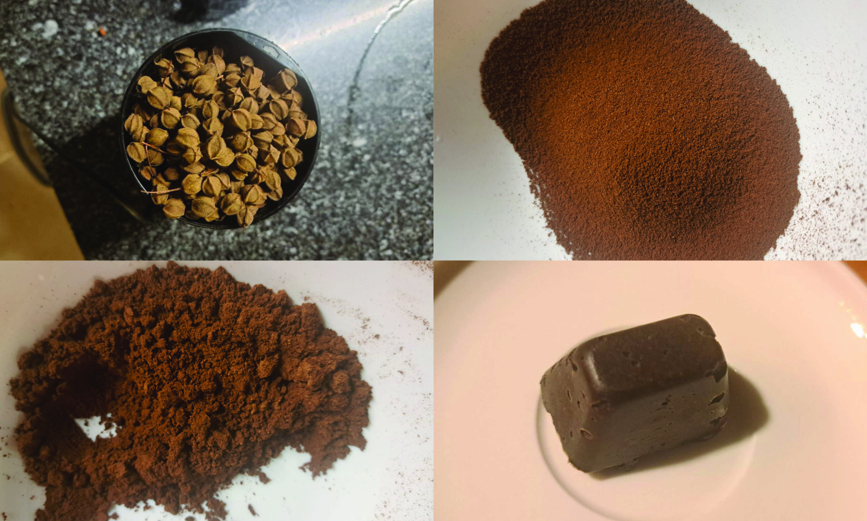 Eine Collage aus vier Bildern: ganze Kardamomschoten in einer Mühle, gemahlenes Kardamomgewürz auf einer weißen Fläche, gewürztes Kakaopulver auf einem Teller und ein einzelnes Stück dunkler Schokolade auf einer weißen Schale.