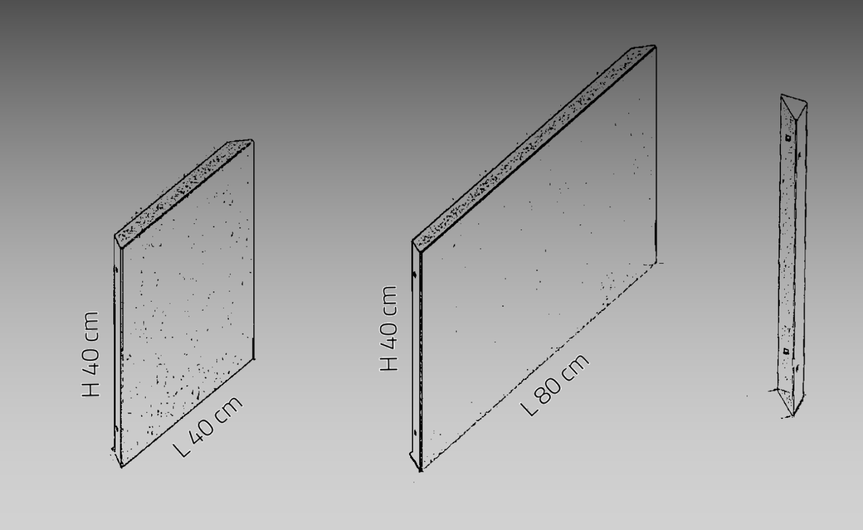 Three rectangular concrete slabs are shown: one is 40 cm high and 40 cm wide, another is 40 cm high and 80 cm wide, and the third is a vertical rectangular section. All are drawn with dimension labels.