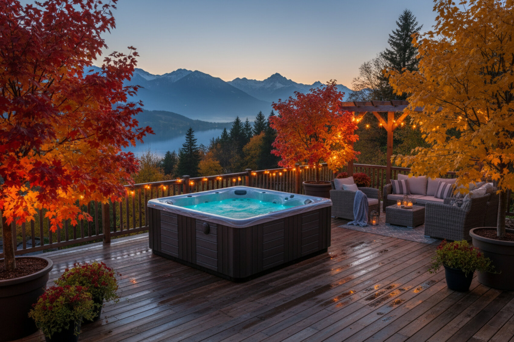 A cozy deck with a hot tub, autumn trees with red and yellow leaves, string lights, and outdoor seating. Mountains and a lake are visible in the background at sunset.
