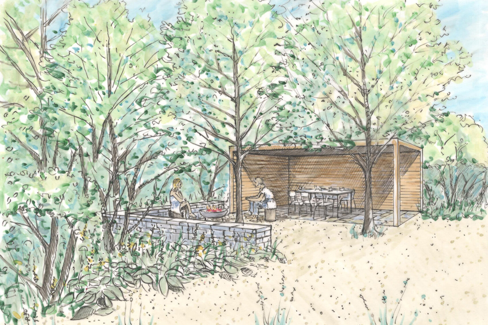 Eine handgezeichnete Illustration eines Außenbereichs mit Bäumen, einem überdachten Sitzplatz mit Tisch und Stühlen und zwei Personen - eine an einer Feuerstelle und eine weitere, die in der Nähe sitzt - inmitten von Grün an einem sonnigen Tag.