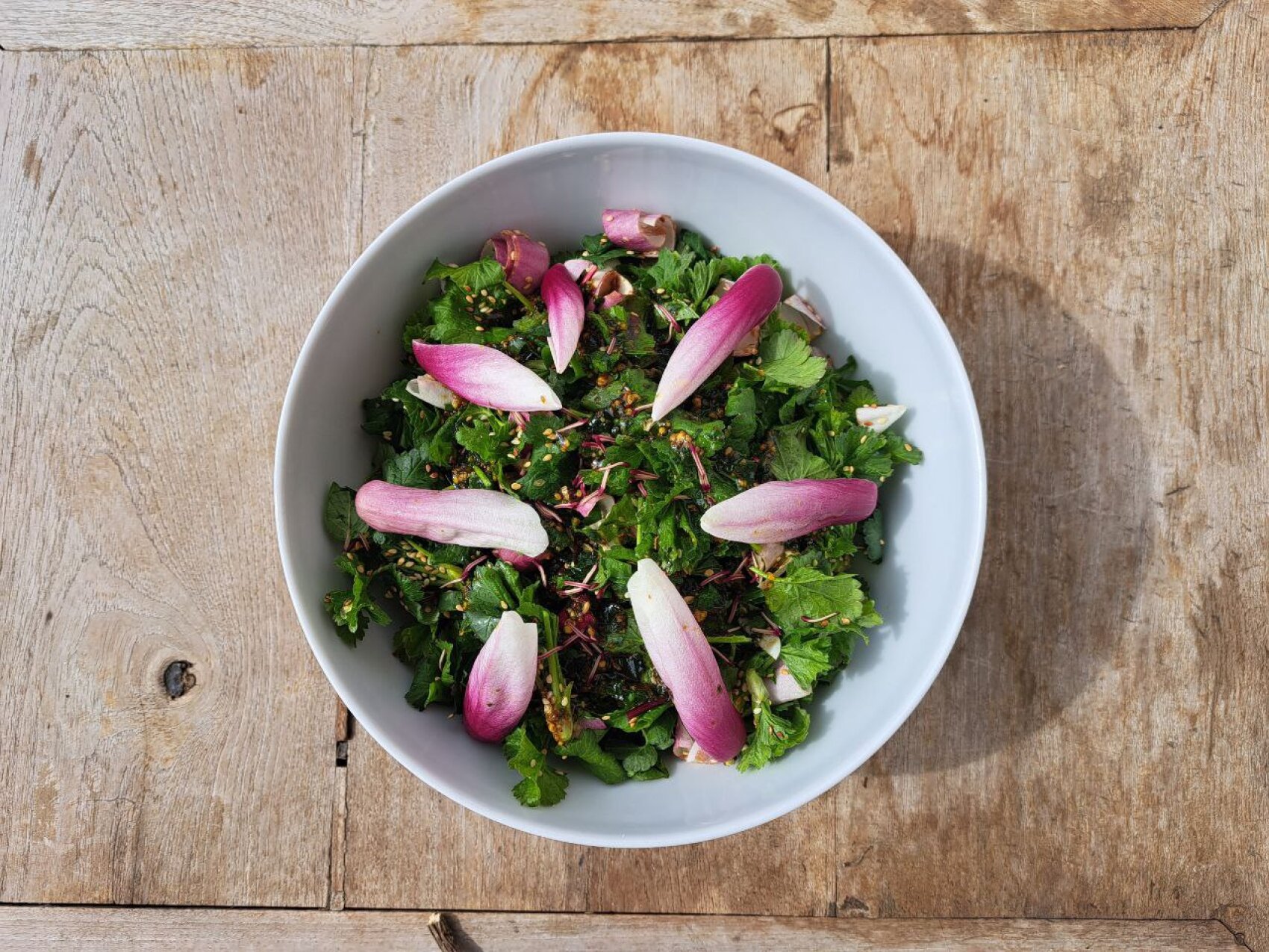 Auf einem rustikalen Holztisch steht eine weiße Schale mit grünem Blattsalat, der mit lila und weißen Endivienblättern bestückt ist.