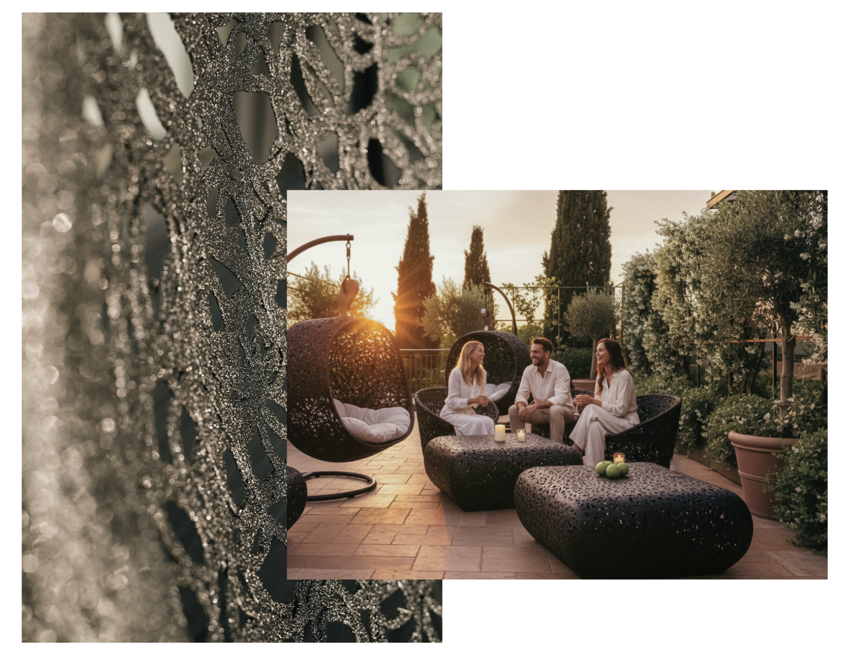 Drei Personen sitzen und unterhalten sich bei Sonnenuntergang auf stilvollen Korbmöbeln im Freien, umgeben von üppiger Vegetation. Der Vordergrund zeigt eine Nahaufnahme des komplizierten Flechtmusters der Möbel.