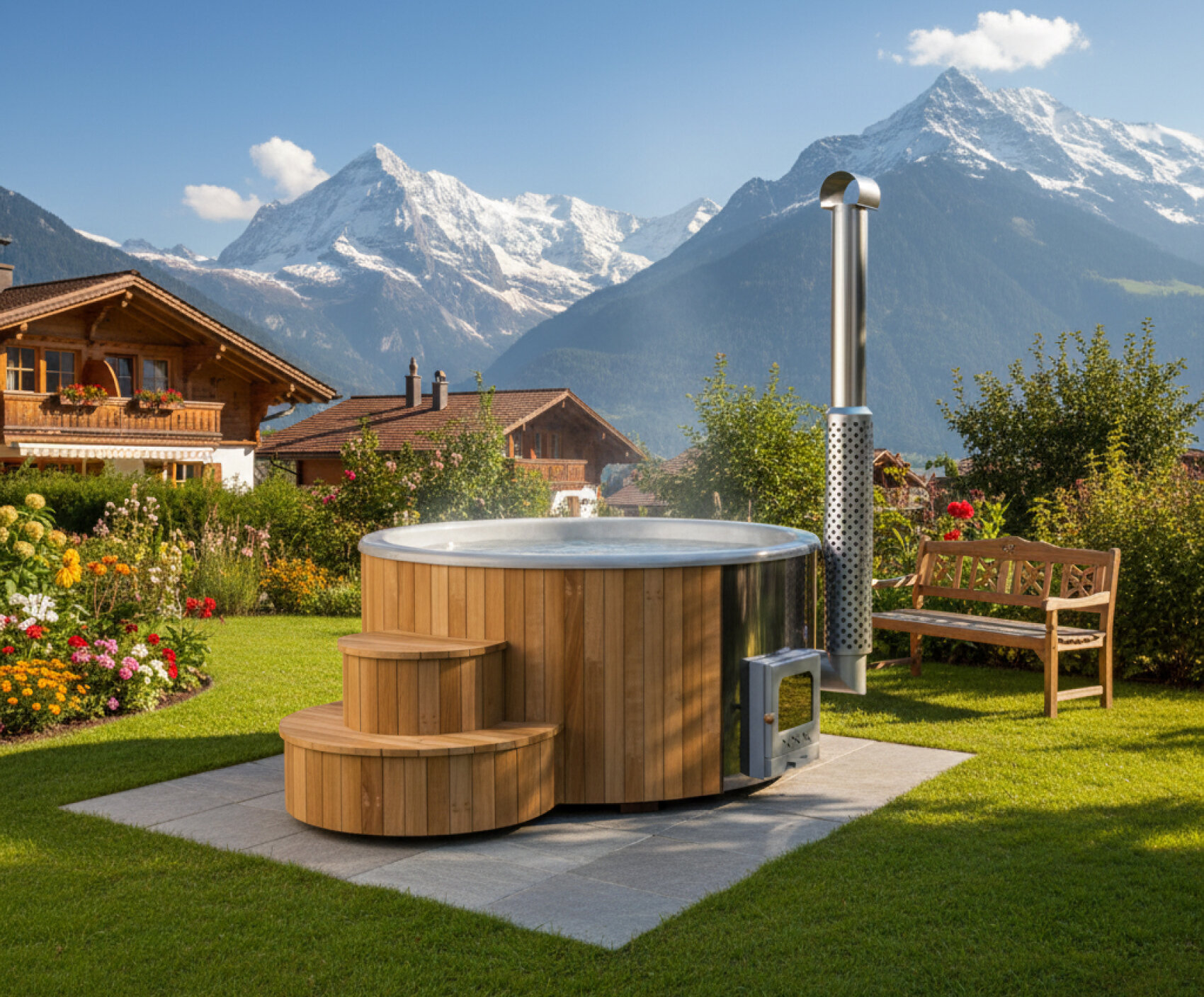 A wooden hot tub with steps sits on a patio in a garden, surrounded by colorful flowers and a wooden bench, with alpine mountains and wooden houses in the background under a clear sky.